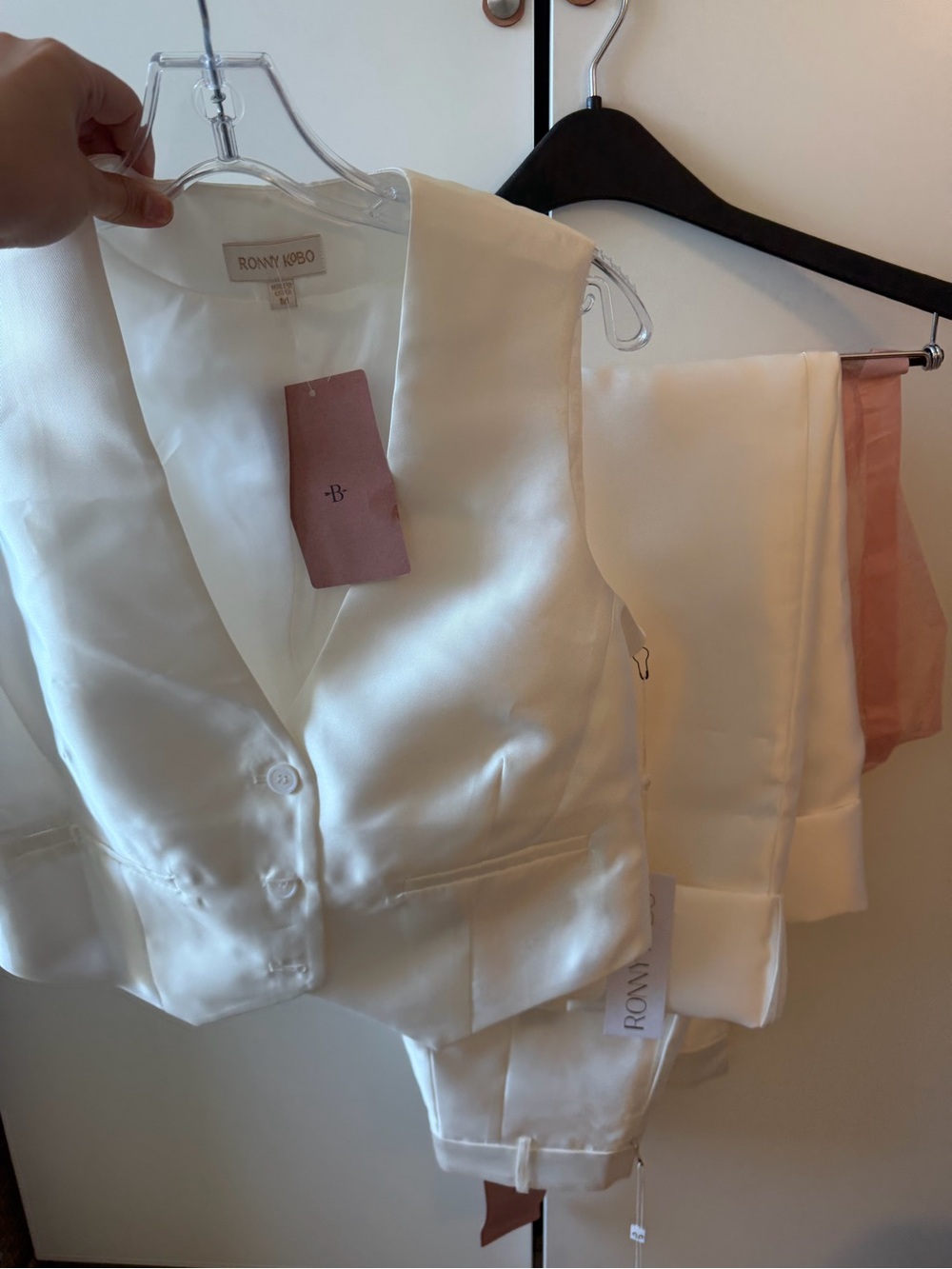Ronny Kobo Cream Satin Vest and Pants Set